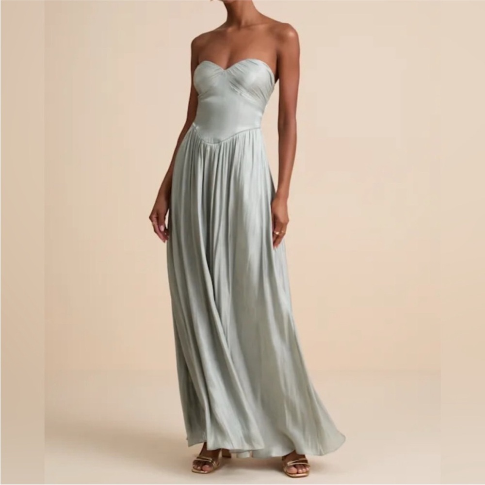 Lulus Strapless Kylin Sage Satin Basque Waist Maxi Dress
